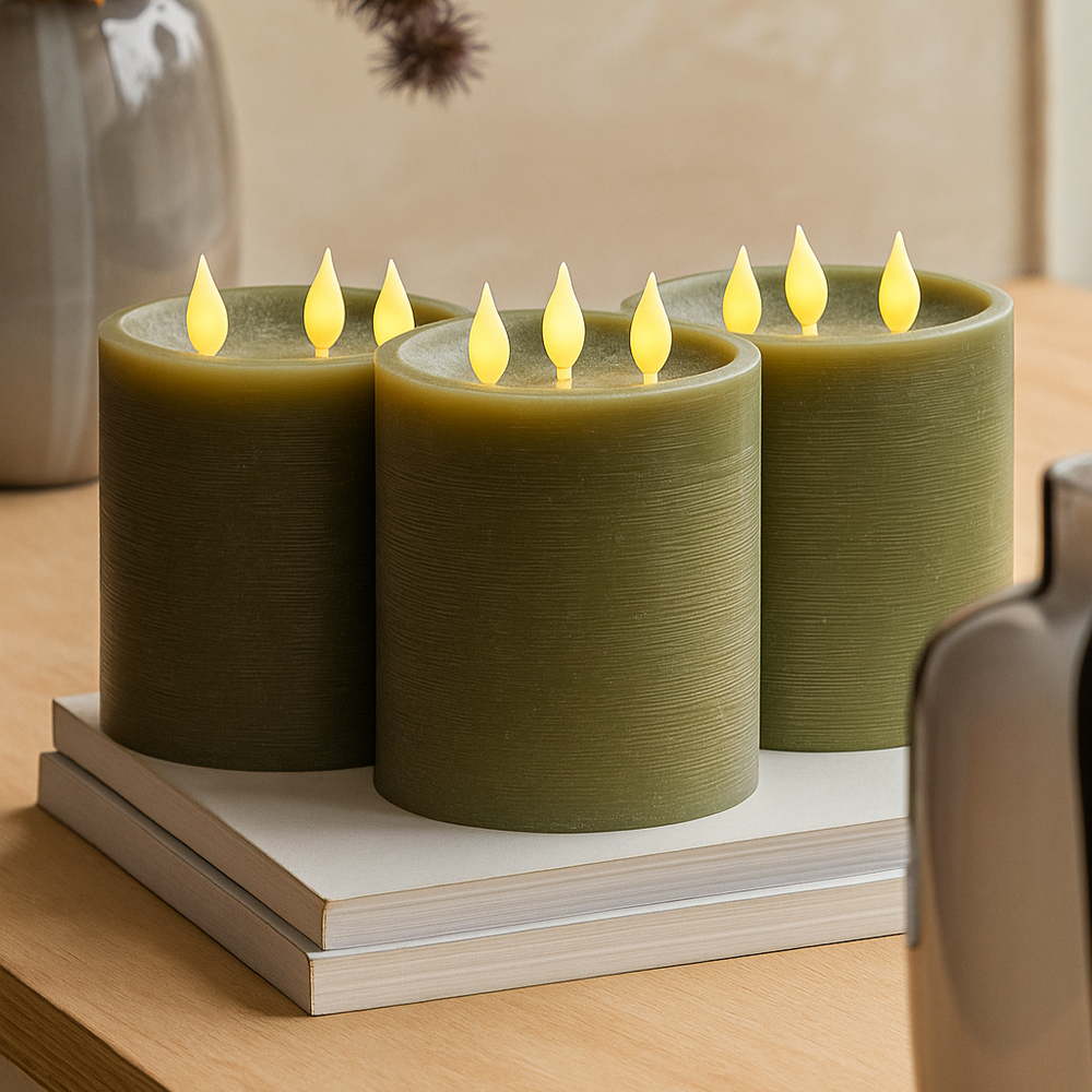 x3 3 Wick LED Candle Olive