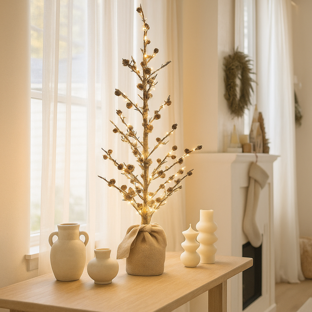 Light Up Twig Tree With Pinecones & Hessian Base