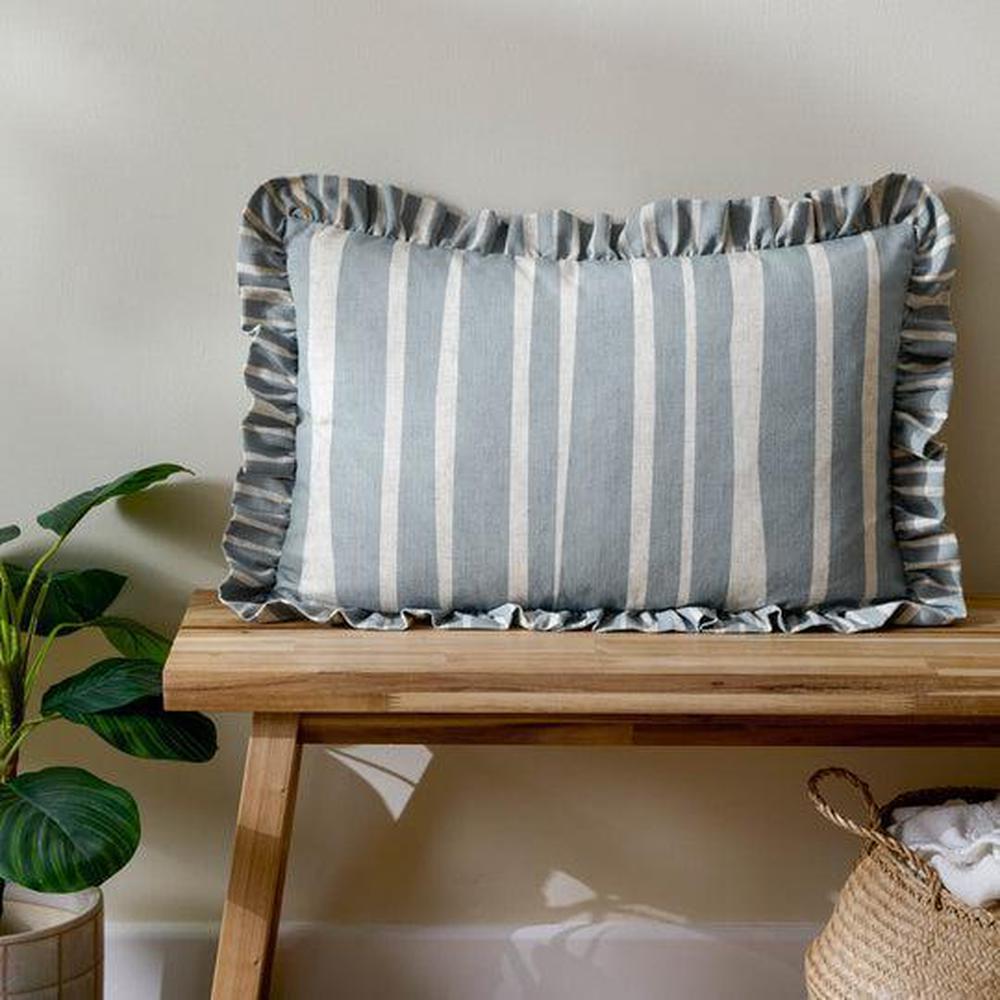 Carmon Stripe Ruffle Pillow Linen Blue