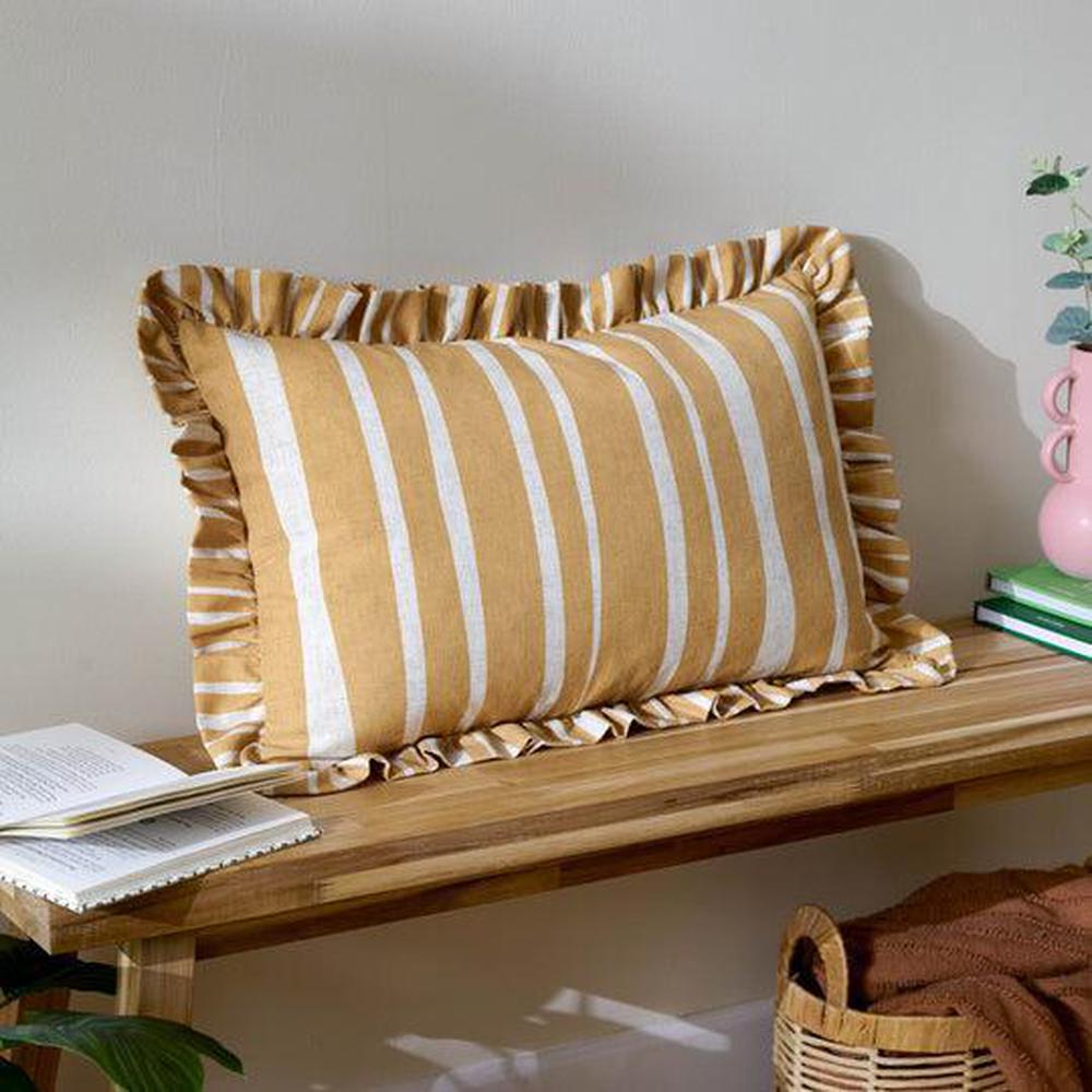 Carmon Stripe Ruffle Pillow Linen Ochre