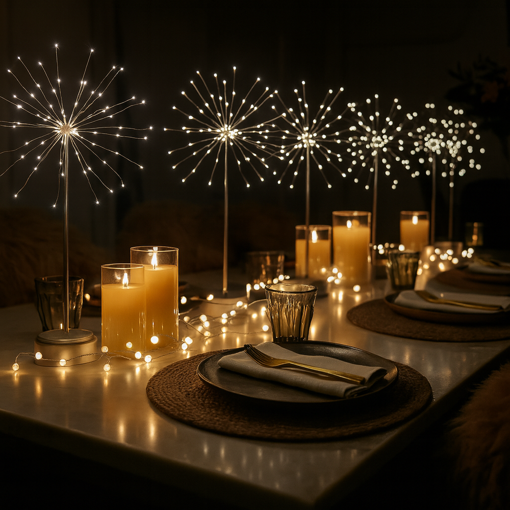 3x Starburst Table Lamps & 12x Glass Candle Pack 2x Snowberry garlands