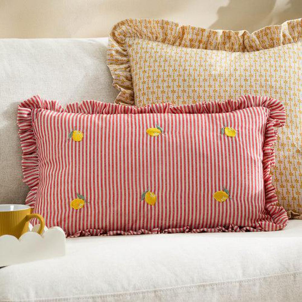 Les Fruites Embroidered Ruffle Pillow Lemons