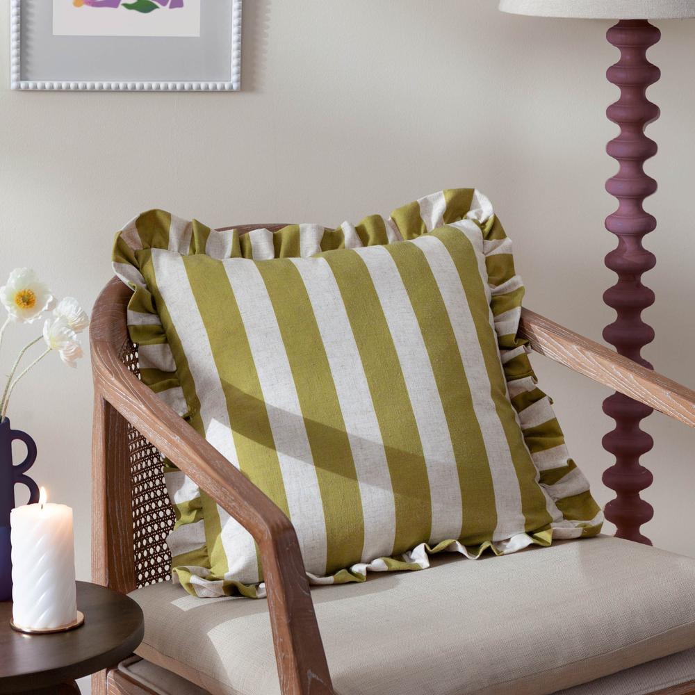 Linen Stripe Ruffle Pillow Olive