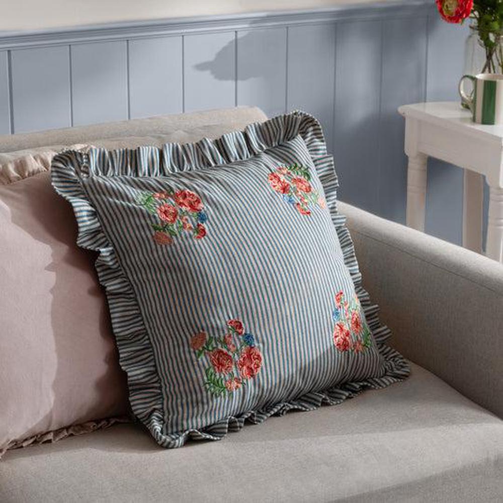 Martha Embroidered Ruffle Pillow Blue