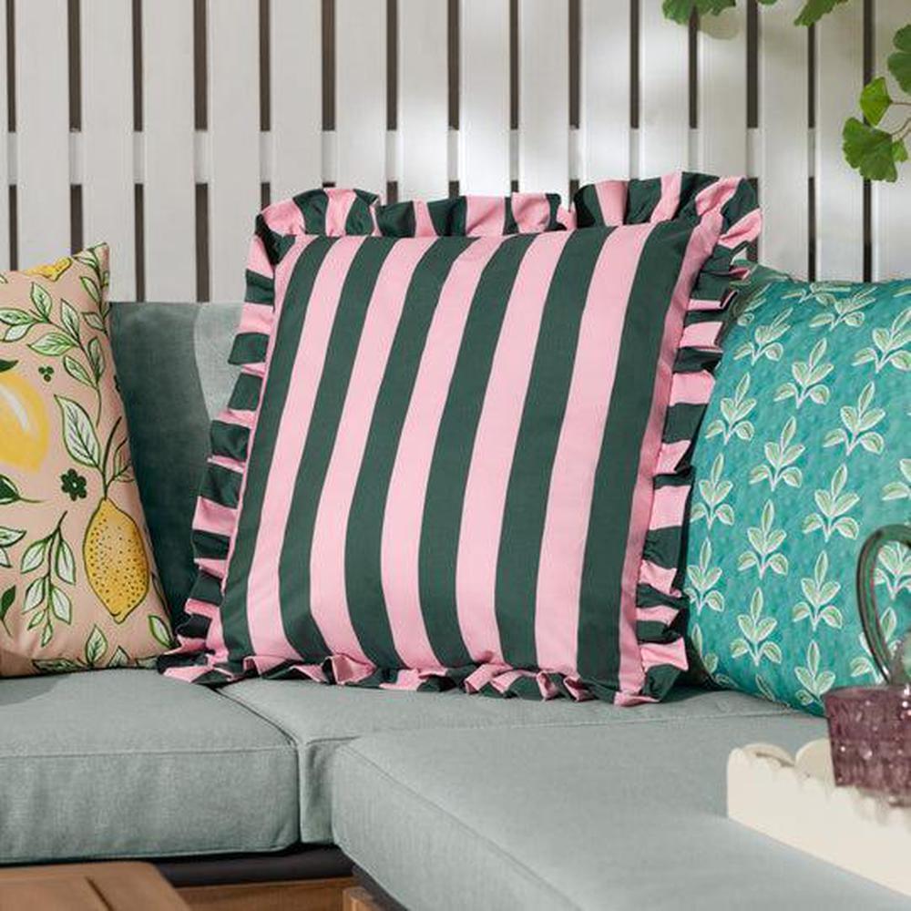 Palm Royale Stripe Ruffle Outdoor Pillow Pink Green