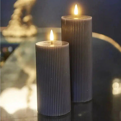 x2 Ribbed Pillar Candle Grey