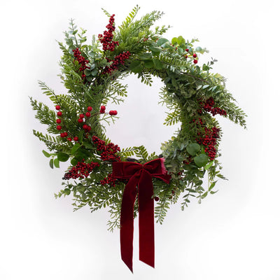 22" Red Berry Wreath With Red Velvet Bow