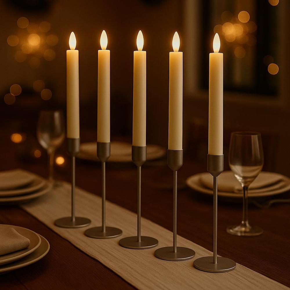 x6 White Candles & Silver Candlestick Pack