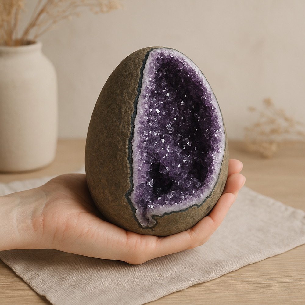 Natural Amethyst Geode Egg – Deep Purple Crystal Display