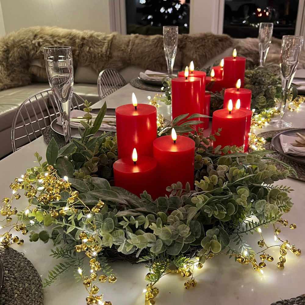 Red LED Candles, Wreath & Golden Bells Pack